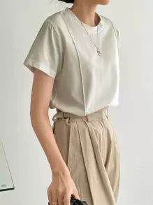 Dazy-Less 纯色缝线细节T恤，复古风格商务休闲女士工作服