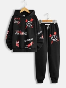 SHEIN 男孩卡通和字母圖案連帽衫和運動褲