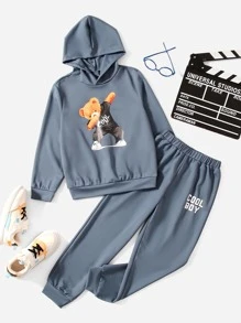 SHEIN Tween Boy Cartoon Graphic Hoodie & Sweatpants - Dusty Blue - View 1