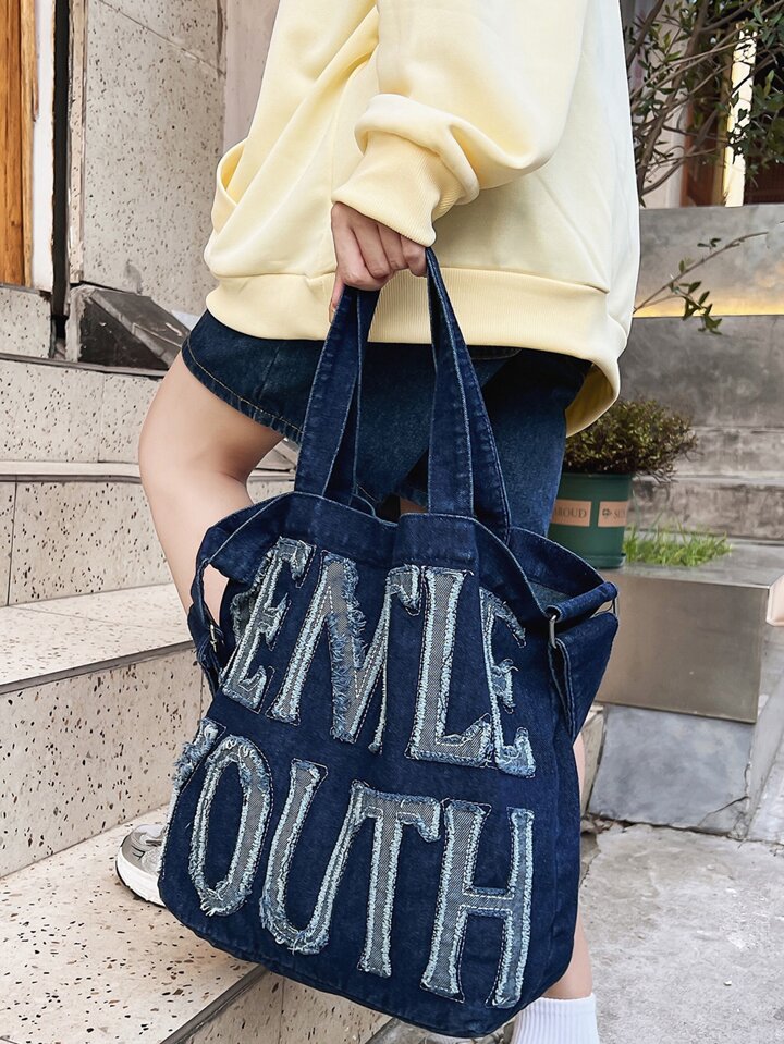 都内で 文字グラフィック JAPAN SHEIN | サッチェルバッグ デニム トートバッグ