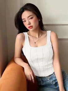 DAZY 純色羅紋針織背心 - 白色 - 查看 4