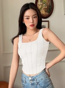 DAZY 純色羅紋針織背心 - 白色 - 查看 5