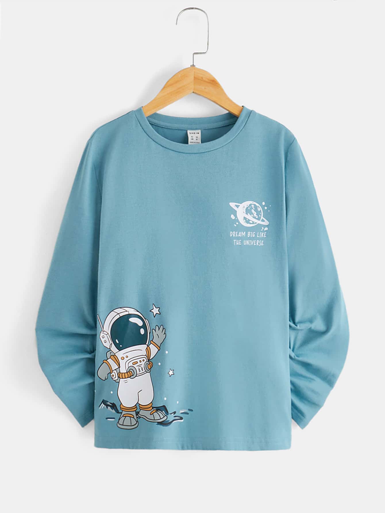 SHEIN Leap Crew Áo thun dệt kim dài tay cổ tròn Tween Boy có thiết kế phi hành gia và khẩu hiệu - Màu xanh lam - Xem 1