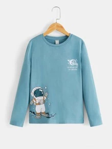 SHEIN Leap Crew Áo thun dệt kim dài tay cổ tròn Tween Boy có thiết kế phi hành gia và khẩu hiệu - Màu xanh lam - Xem 4