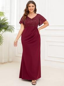 EVERPRETTY Plus Contrast Sequin Butterfly Sleeve Formal Gown - Burgundy - View 6