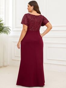 EVERPRETTY Plus Contrast Sequin Butterfly Sleeve Formal Gown - Burgundy - View 2