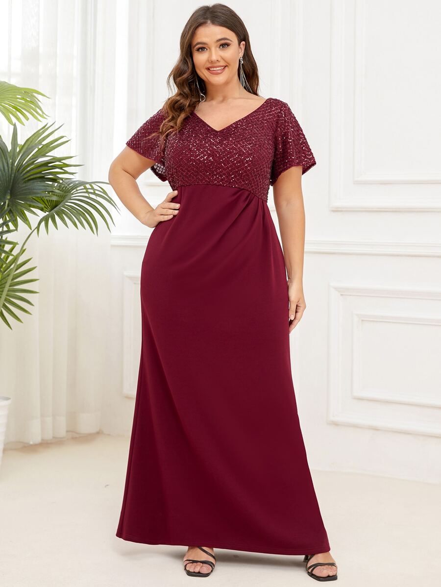 EVERPRETTY Plus Contrast Sequin Butterfly Sleeve Formal Gown - Burgundy - View 1