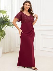 EVERPRETTY Plus Contrast Sequin Butterfly Sleeve Formal Gown - Burgundy - View 4