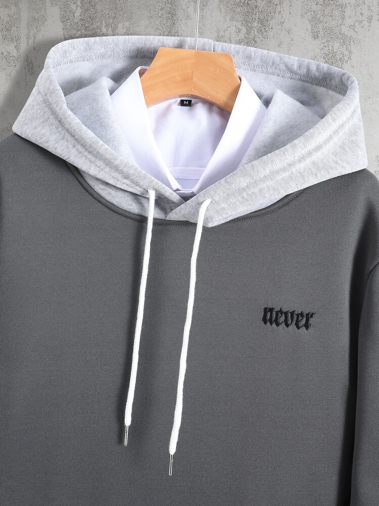 Manfinity Hypemode Men Letter Embroidery Colorblock Drawstring Hoodie Without Shirt - Grey - View 3