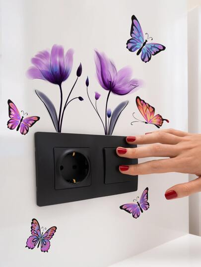 1入組蝴蝶和花卉圖案開關插座牆貼