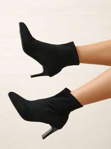 Women's Elegant Black Fashionable Classic Faux Suede Slip-on Booties - Black - View 3