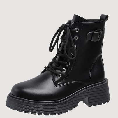 Buckle Decor Side Zip Lace-up Front Combat Boots
