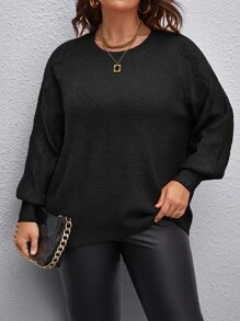 SHEIN LUNE Áo len Plus Size màu trơn Giải trí - màu đen - Xem 1