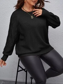 SHEIN LUNE Áo len Plus Size màu trơn Giải trí - màu đen - Xem 3