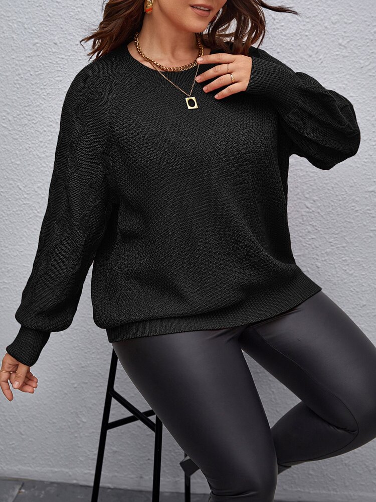 SHEIN LUNE Plus Cable Knit Raglan Sleeve Jumper - Black - View 3
