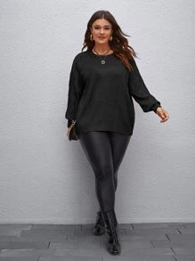 SHEIN LUNE Áo len Plus Size màu trơn Giải trí - màu đen - Xem 4