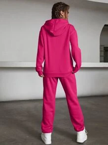 INAWLY 字母圖案抽繩保暖連帽衫和運動褲 - 玫紅色 - 查看 2