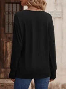 SHEIN LUNE Áo thun nữ Nút màu trơn Giải trí - màu đen - Xem 2