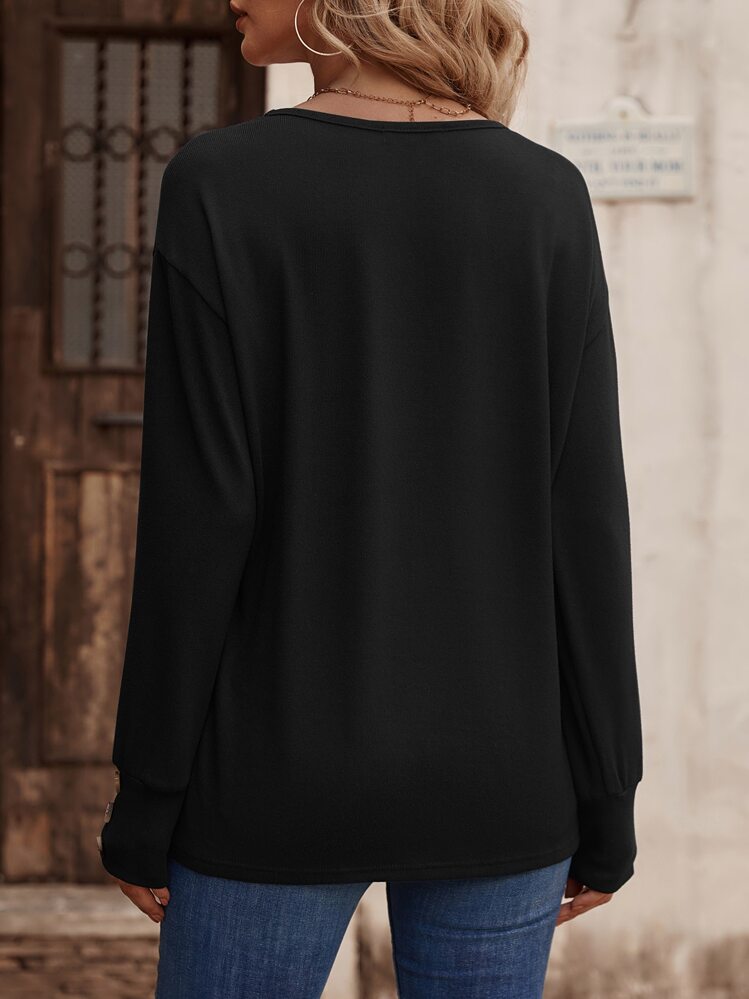 SHEIN LUNE Áo thun nữ Nút màu trơn Giải trí - màu đen - Xem 2