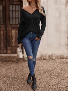 SHEIN LUNE Áo thun nữ Nút màu trơn Giải trí - màu đen - Xem 6