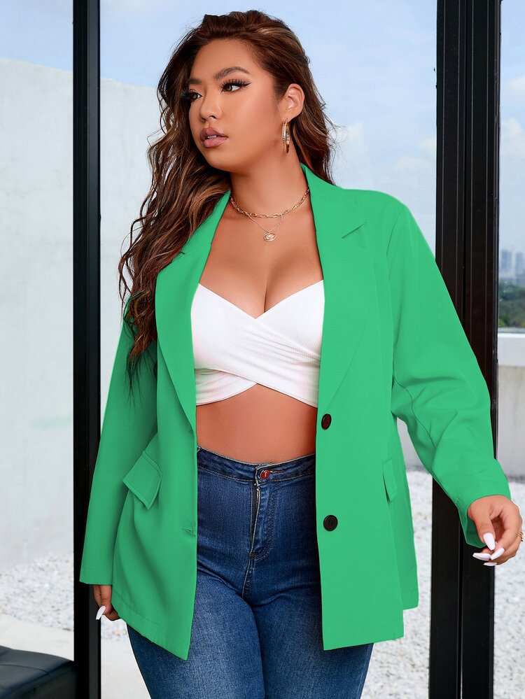 Calvaya 大碼西裝領翻蓋口袋西裝外套 - 綠色 - 查看 3