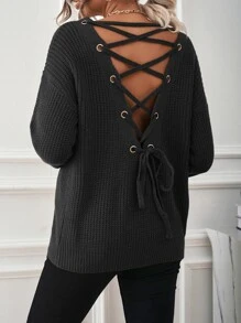 Calvaya Lace Up Back Drop Shoulder Jumper - Black - View 2