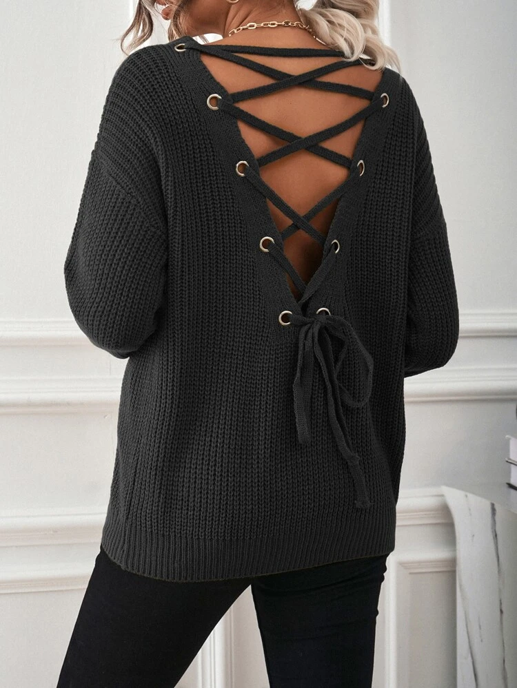 Lace Up Back Drop Shoulder Sweater,Long Sleeve Tops Knit Pullover Fall Winter