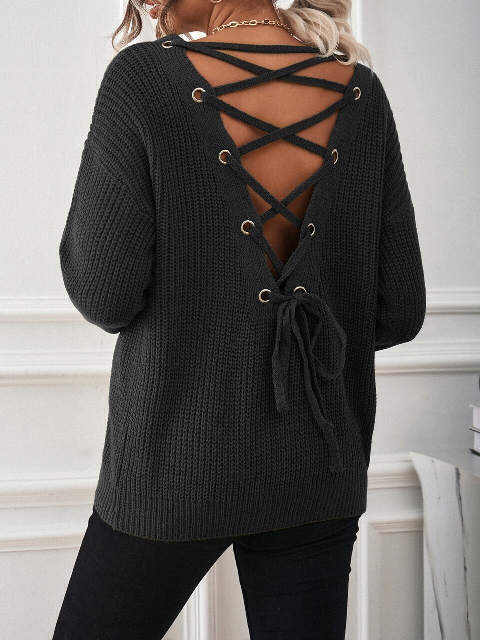 Lace Up Back Drop Shoulder Sweater,Long Sleeve Tops Knit Pullover Fall Winter