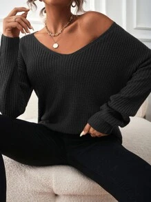 Calvaya Lace Up Back Drop Shoulder Jumper - Black - View 3