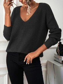 Calvaya Lace Up Back Drop Shoulder Jumper - Black - View 4