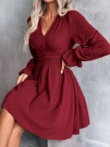 Breezaya Swiss Dot Ruched Waist Flounce Sleeve Dress,Ladies Boho Ruched,Ruffle Long Sleeve V Neck Regular Fit Short Red Flounce Sleeve Plain A Line Women Short Dresses,Spring/Fall,Casual Daily Wear For New Year Clothes