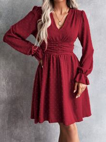 Breezaya Swiss Dot Ruched Waist Flounce Sleeve Dress,Ladies Boho Ruched,Ruffle Long Sleeve V Neck Regular Fit Short Red Flounce Sleeve Plain A Line Women Short Dresses,Spring/Fall,Casual Daily Wear For New Year Clothes