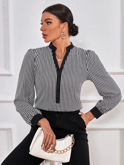 Striped Print Notched Neck Blouse