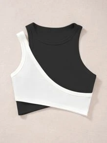 SHEIN Unity Áo hai dây Gân đan Khối Màu Giải trí - Đen và trắng - Xem 2