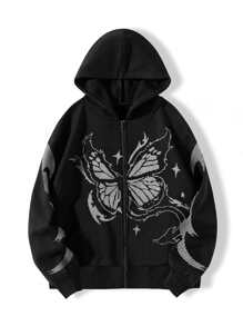 SHEIN Unity 蝴蝶印花拉链保暖内衬连帽衫，长袖上衣 - 黑色 - 查看 1