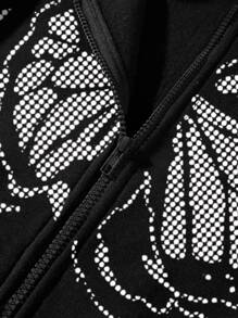 SHEIN Unity 蝴蝶印花拉链保暖内衬连帽衫，长袖上衣 - 黑色 - 查看 4