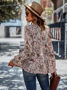 SHEIN LUNE Allover Print Flounce Sleeve Peplum Blouse - Brown - View 2