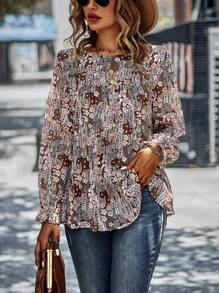 SHEIN LUNE Allover Print Flounce Sleeve Peplum Blouse - Brown - View 4