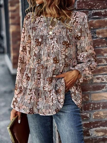 SHEIN LUNE Allover Print Flounce Sleeve Peplum Blouse - Brown - View 5