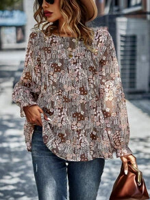 SHEIN LUNE Allover Print Flounce Sleeve Peplum Blouse - Brown - View 6