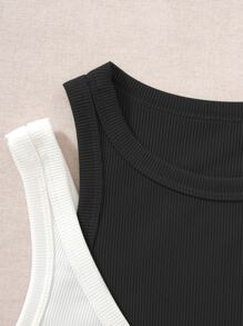 SHEIN Unity Áo hai dây Gân đan Khối Màu Giải trí - Đen và trắng - Xem 4