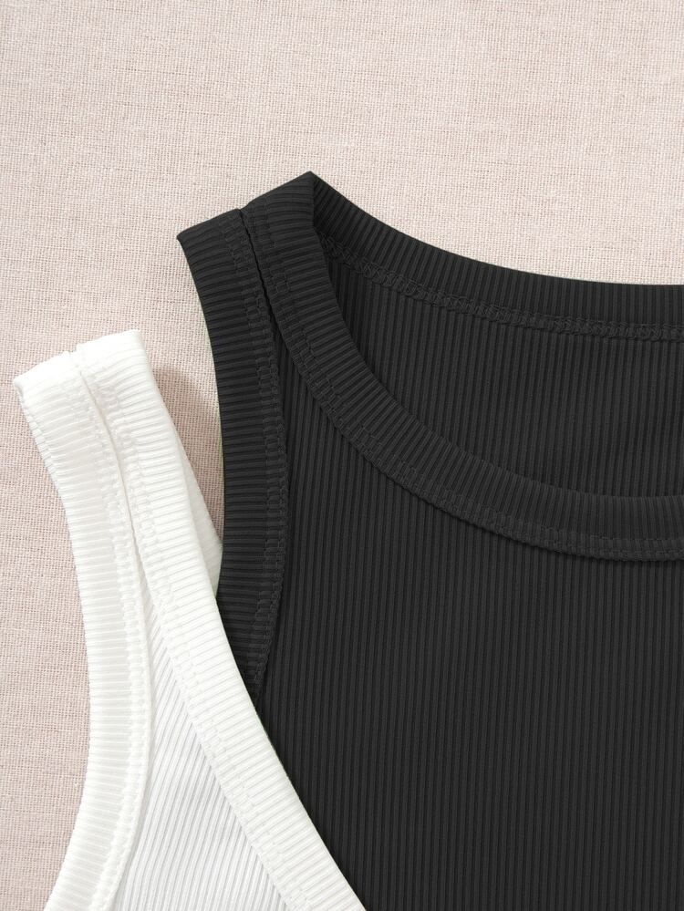 SHEIN Unity Áo hai dây Gân đan Khối Màu Giải trí - Đen và trắng - Xem 4