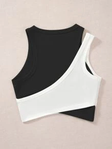 SHEIN Unity Áo hai dây Gân đan Khối Màu Giải trí - Đen và trắng - Xem 5