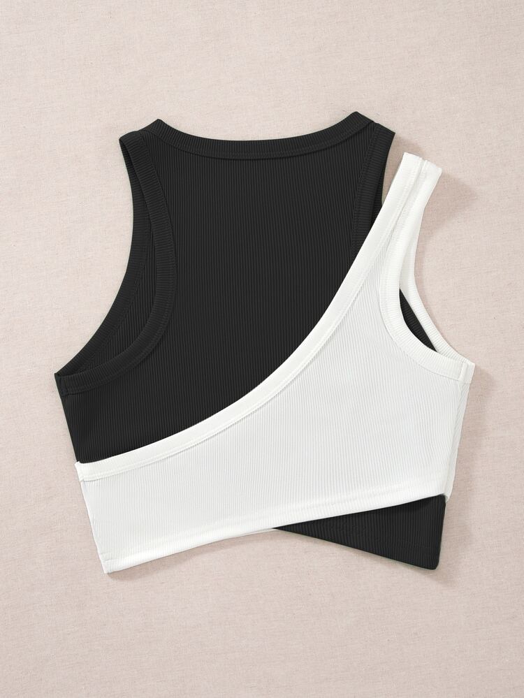 SHEIN Unity Áo hai dây Gân đan Khối Màu Giải trí - Đen và trắng - Xem 5