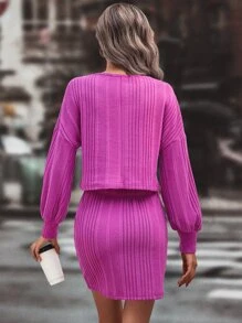 SHEIN Unity Solid Lantern Sleeve Tee & Skirt - Purple - View 2