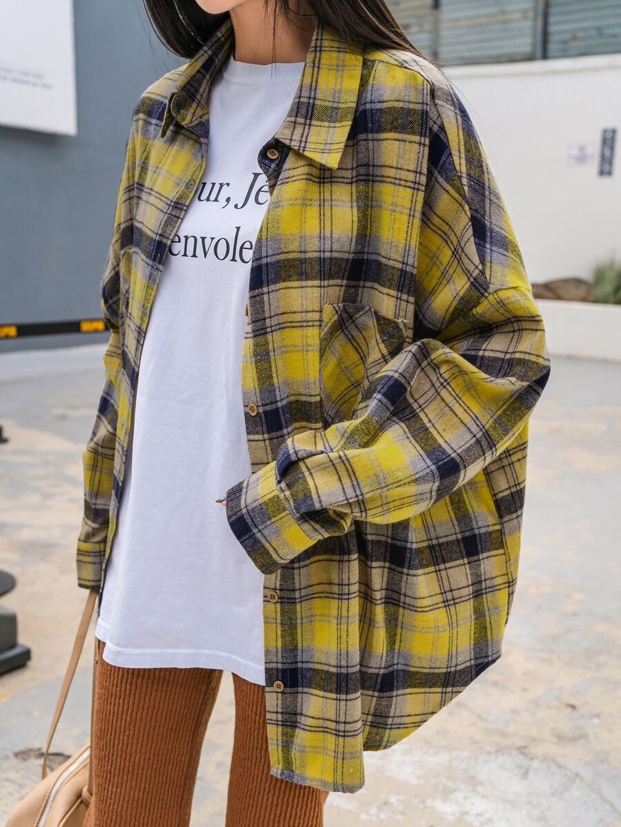 DAZY 蘇格蘭格紋前口袋落肩袖襯衫 - 彩色 - 查看 1