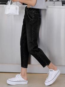 DAZY 1 pieza Jeans mom unicolor con bolsillo oblicuo - Negro - Ver 2