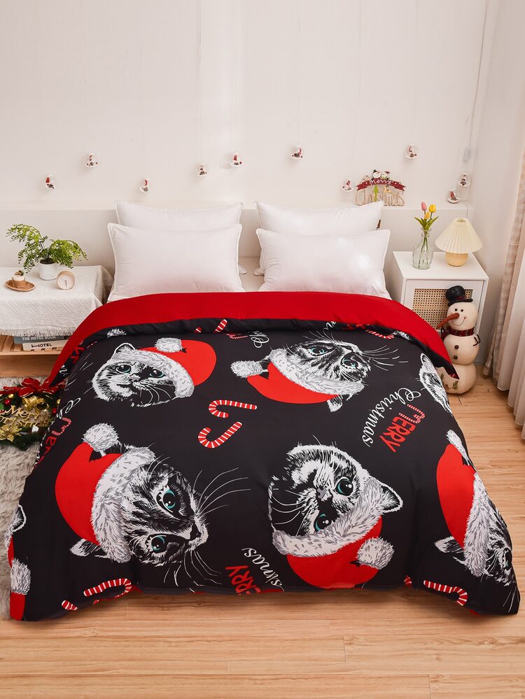Christmas Cat Pattern Duvet Cover Without Filler - Multicolor - View 1