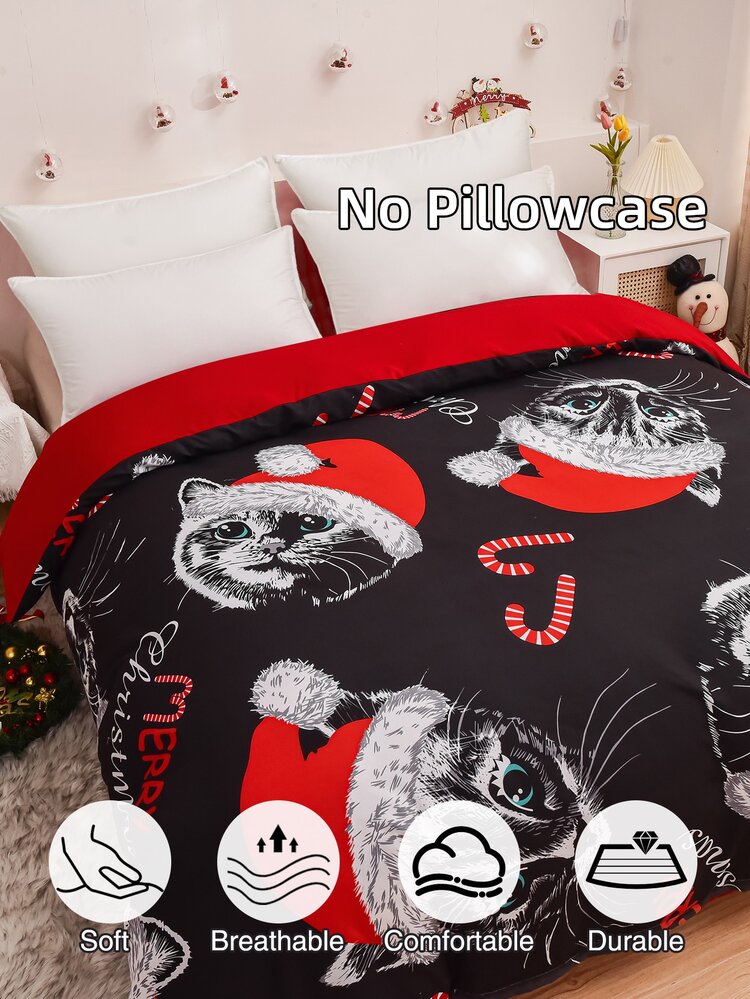 Christmas Cat Pattern Duvet Cover Without Filler - Multicolor - View 6
