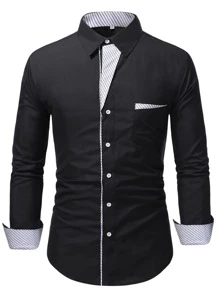 Manfinity Homme Men Striped Panel Pocket Front Shirt - Black - View 1